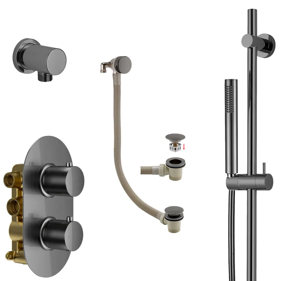 Harbour Clarity Gunmetal Shower Package with 2 Outlet Valve, Slide Rail Kit and Overflow Bath Filler
