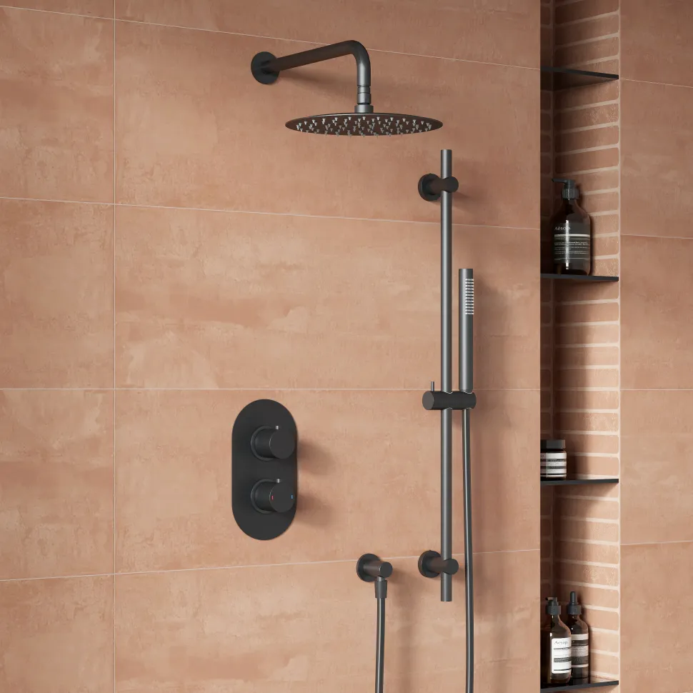 Harbour Clarity Gunmetal Shower Package with 2 Outlet Valve, Fixed Head & Wall Mounted Arm and Slide Rail Shower Kit