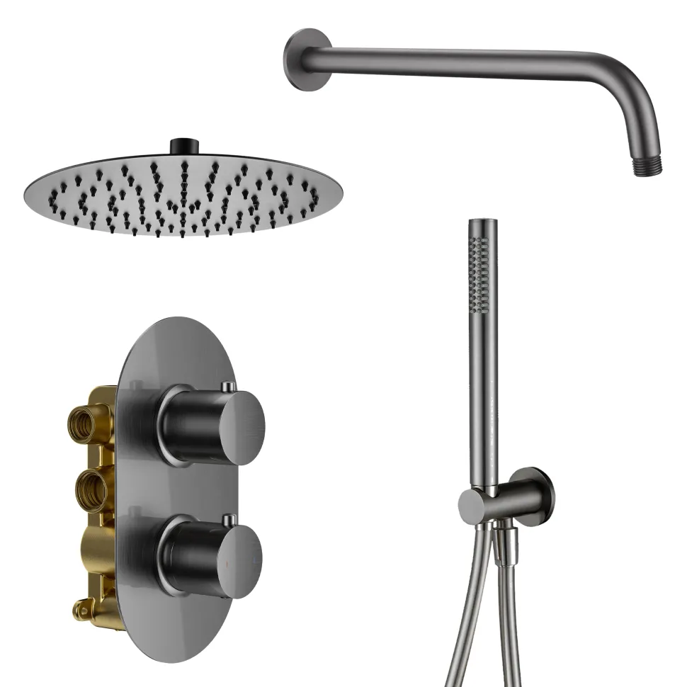 Harbour Clarity Gunmetal Shower Package with 2 Outlet Valve, Fixed Head & Wall Mounted Arm and Wall Shower Kit