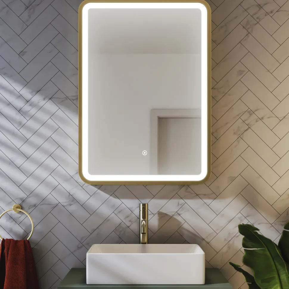 Harbour Clarity LED Illuminated Brushed Brass Framed Mirror with Demister Pad - 500 x 700mm