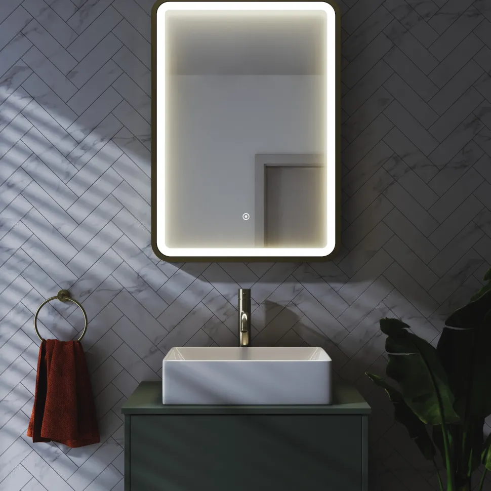 Harbour Clarity LED Illuminated Brushed Brass Framed Mirror with Demister Pad - 500 x 700mm