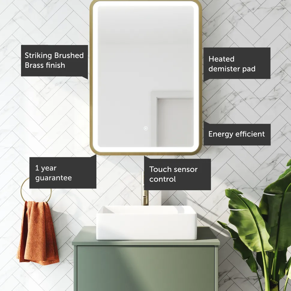 Harbour Clarity LED Illuminated Brushed Brass Framed Mirror with Demister Pad - 500 x 700mm