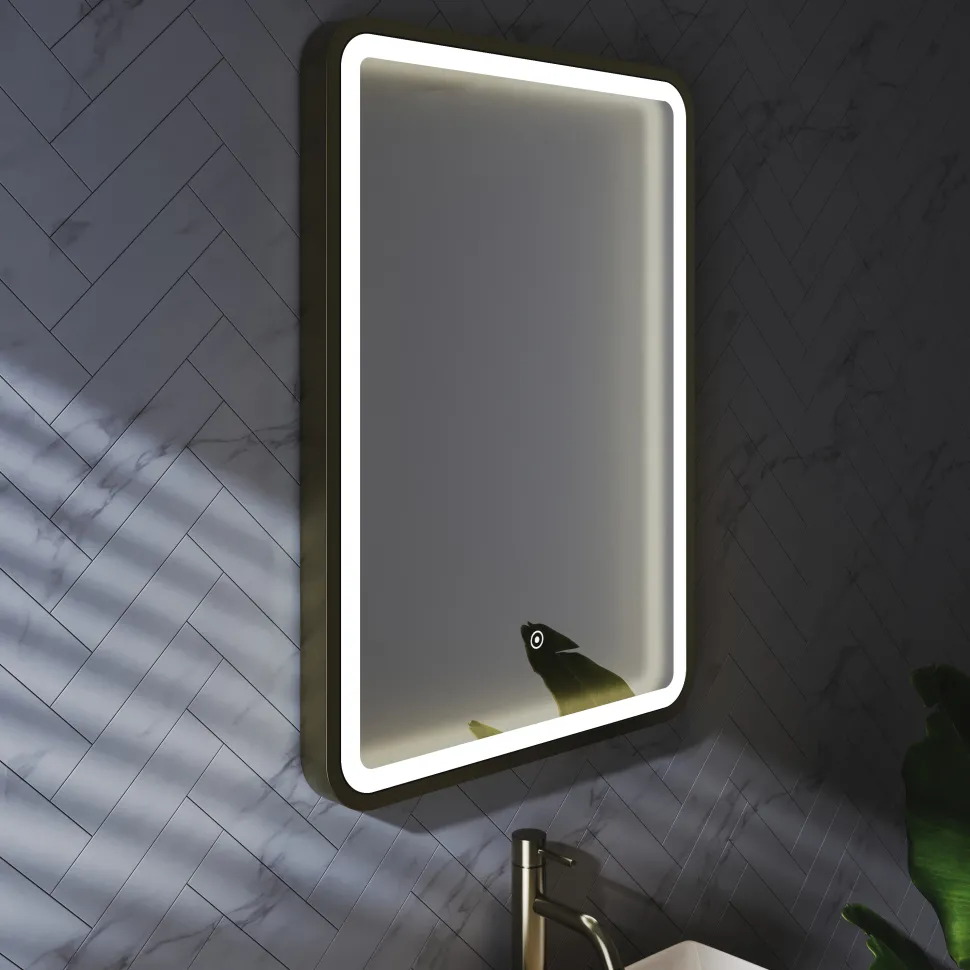 Harbour Clarity LED Illuminated Brushed Brass Framed Mirror with Demister Pad - 500 x 700mm