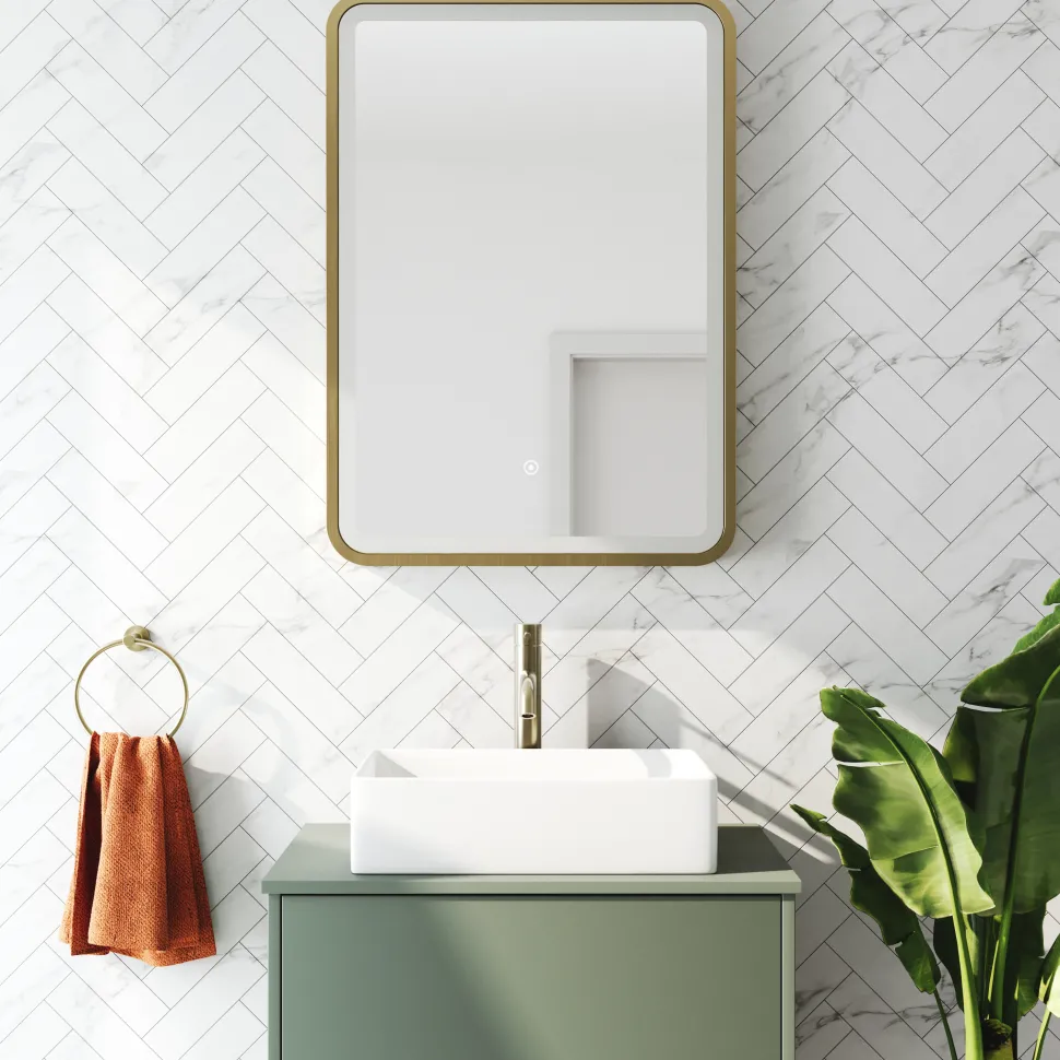 Harbour Clarity LED Illuminated Brushed Brass Framed Mirror with Demister Pad - 500 x 700mm