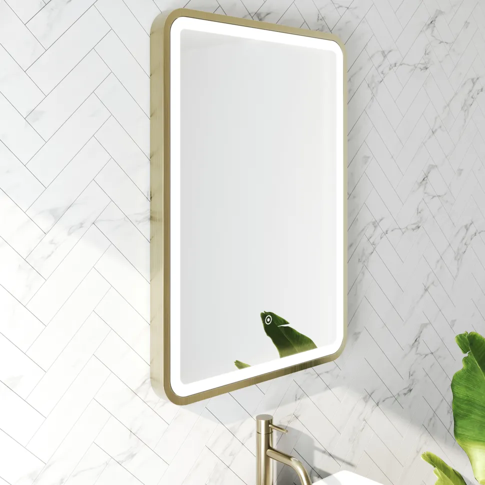 Harbour Clarity LED Illuminated Brushed Brass Framed Mirror with Demister Pad - 500 x 700mm