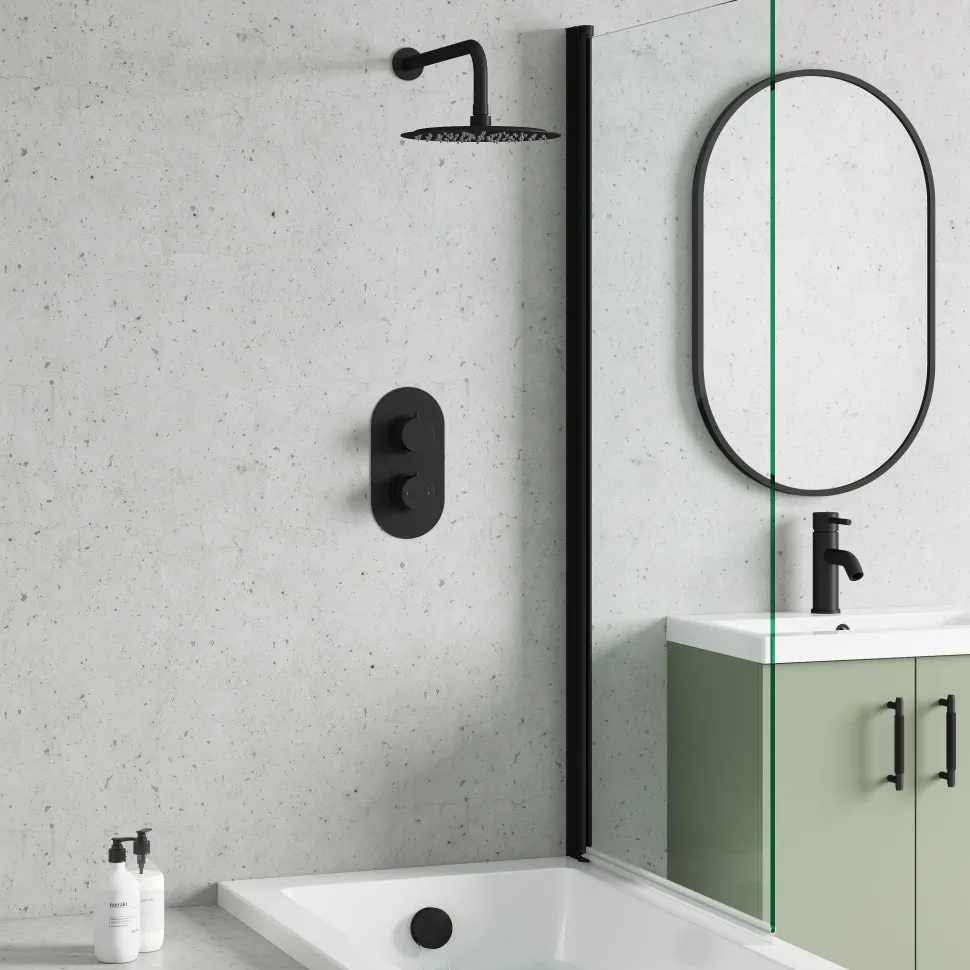 Harbour Clarity Matt Black Concealed Shower Valve, Fixed Wall Mounted Head and Overflow Bath Filler