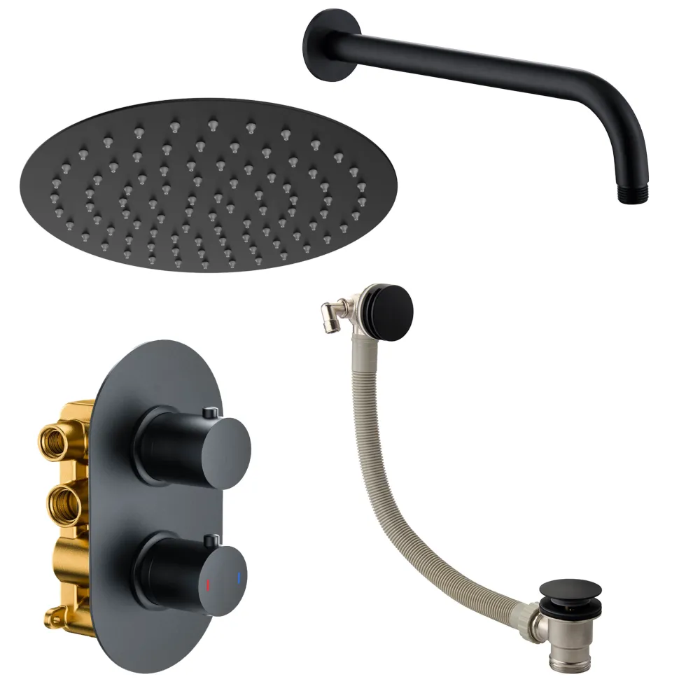 Harbour Clarity Matt Black Concealed Shower Valve, Fixed Wall Mounted Head and Overflow Bath Filler