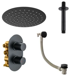 Harbour Clarity Matt Black Concealed Shower Valve, Fixed Ceiling Mounted Head and Overflow Bath Filler