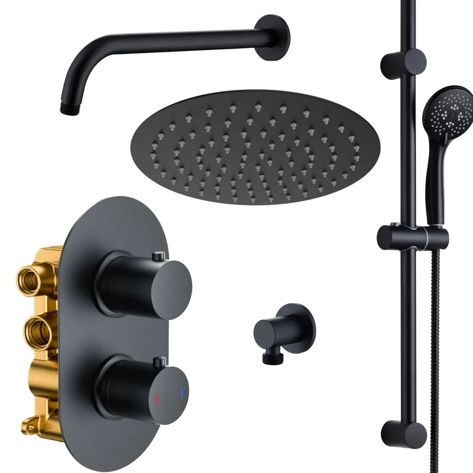 Harbour Clarity Matt Black Concealed Shower Valve, Fixed Head & Arm and Slide Rail Kit