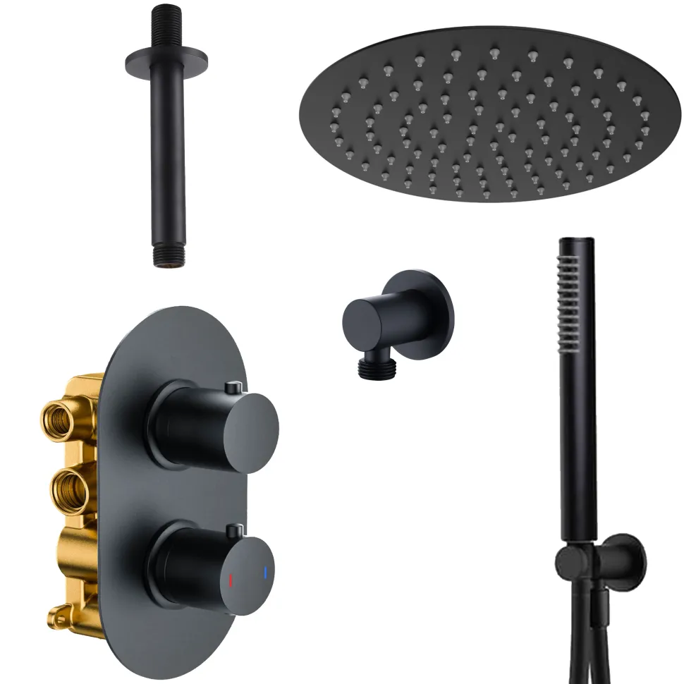 Harbour Clarity Matt Black Concealed Shower Valve, Fixed Ceiling Mounted Head and Wall Shower Kit