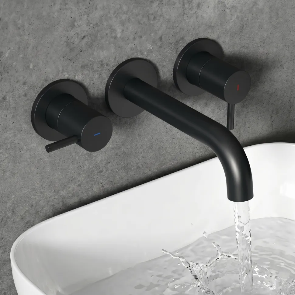 Harbour Clarity Matt Black 3 Hole Wall Mounted Basin Tap with Easy Plumb Installation Kit