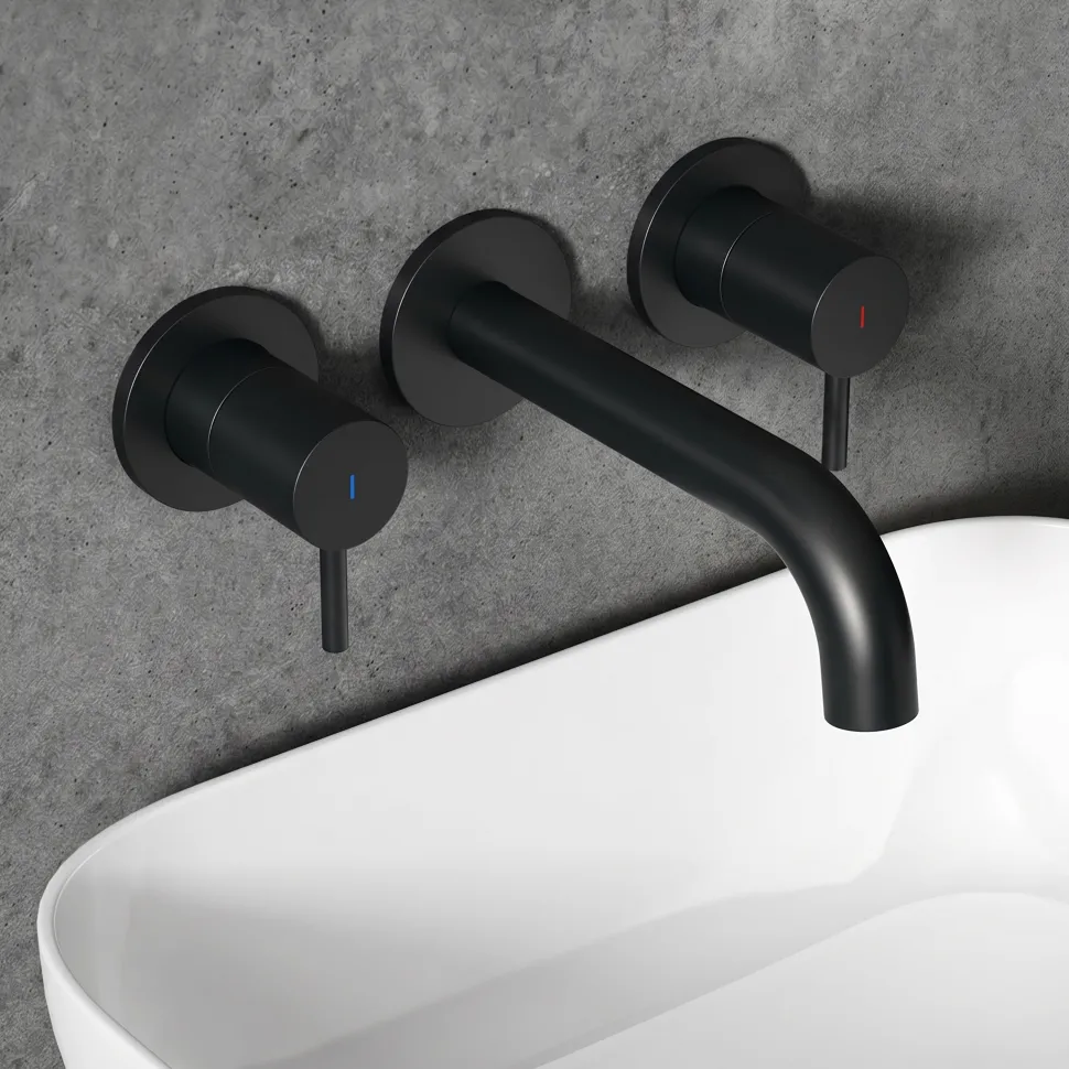 Harbour Clarity Matt Black 3 Hole Wall Mounted Basin Tap with Easy Plumb Installation Kit