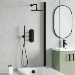 Harbour Clarity Matt Black Shower Package with 3 Outlet Valve, Fixed Head & Arm, Wall Shower Kit & Overflow Bath Filler