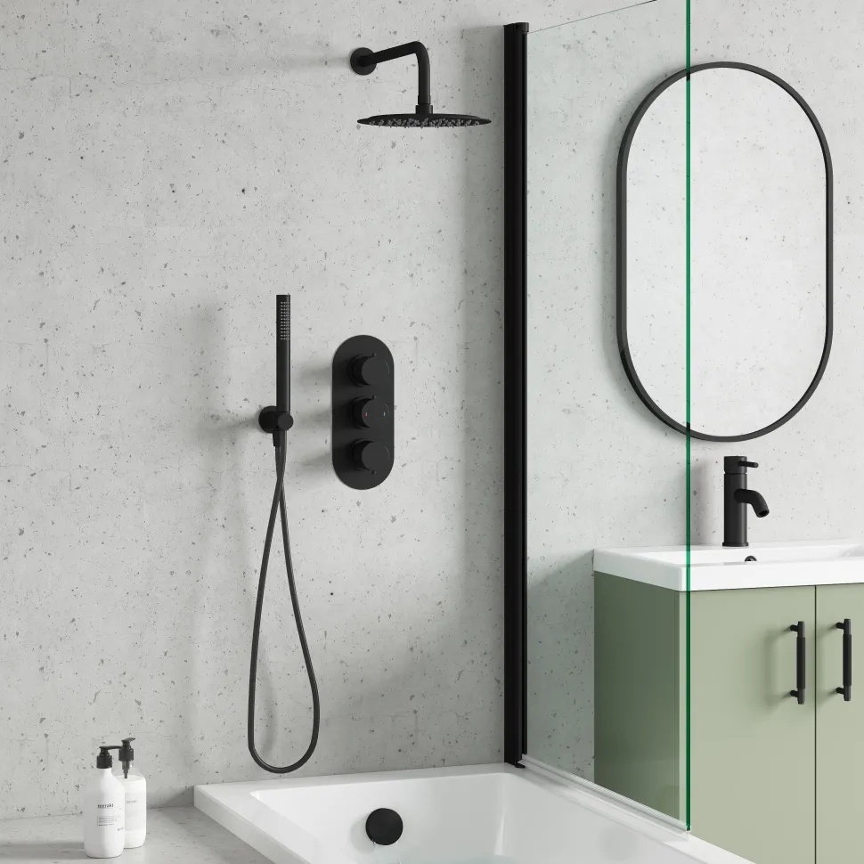 Harbour Clarity Matt Black Shower Package with 3 Outlet Valve, Fixed Head & Arm, Wall Shower Kit & Overflow Bath Filler