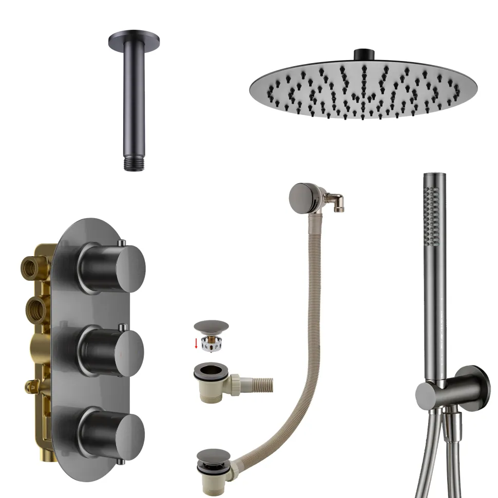 Harbour Clarity Shower Package with 3 Outlet Valve, Fixed Head & Ceiling Arm, Wall Shower Kit and Overflow Bath Filler