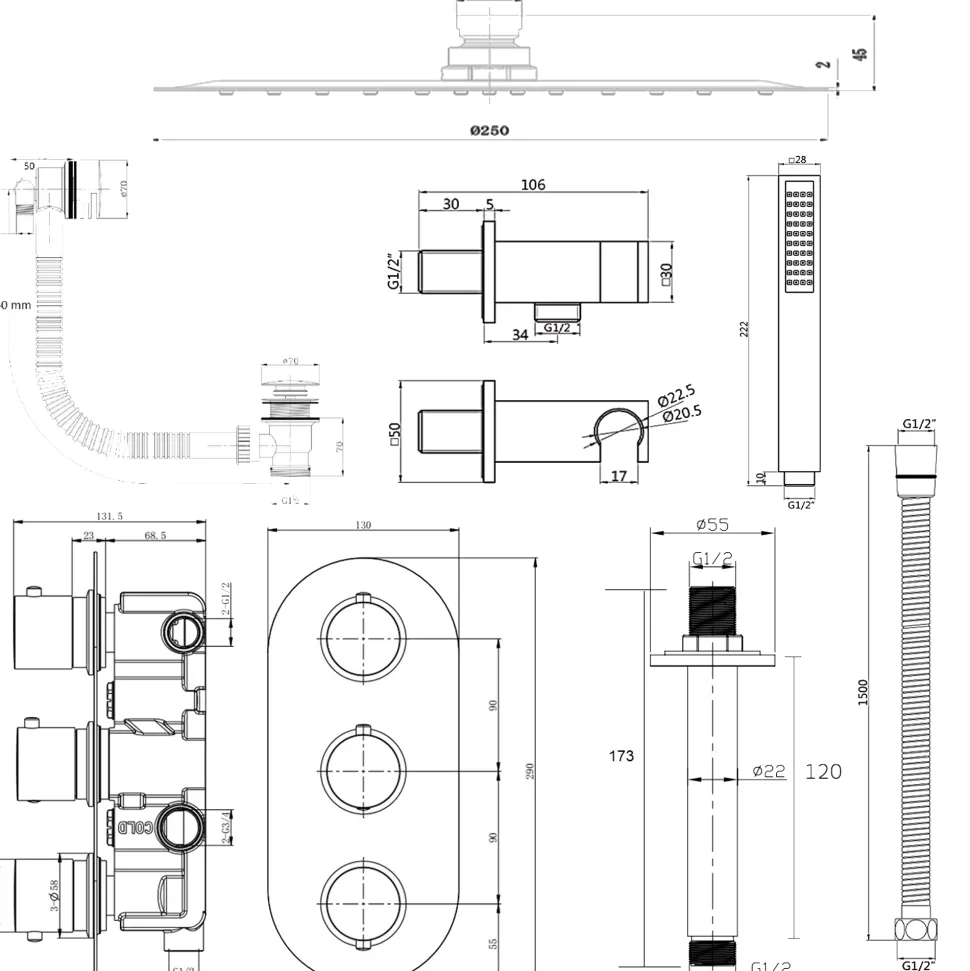 Harbour Clarity Shower Package with 3 Outlet Valve, Fixed Head & Ceiling Arm, Wall Shower Kit and Overflow Bath Filler