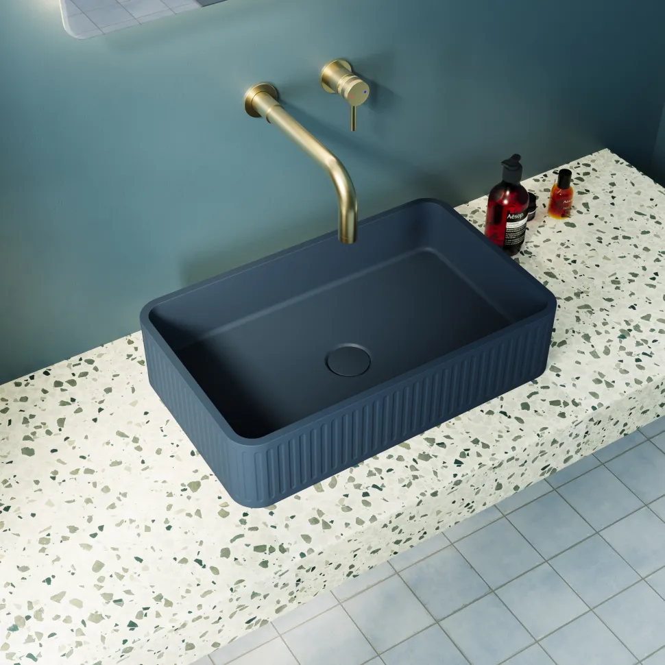 Harbour Concrete 520mm Fluted Rectangular Countertop Basin - Navy Blue