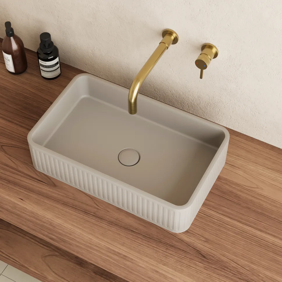 Harbour Concrete 520mm Fluted Rectangular Countertop Basin - Warm Grey