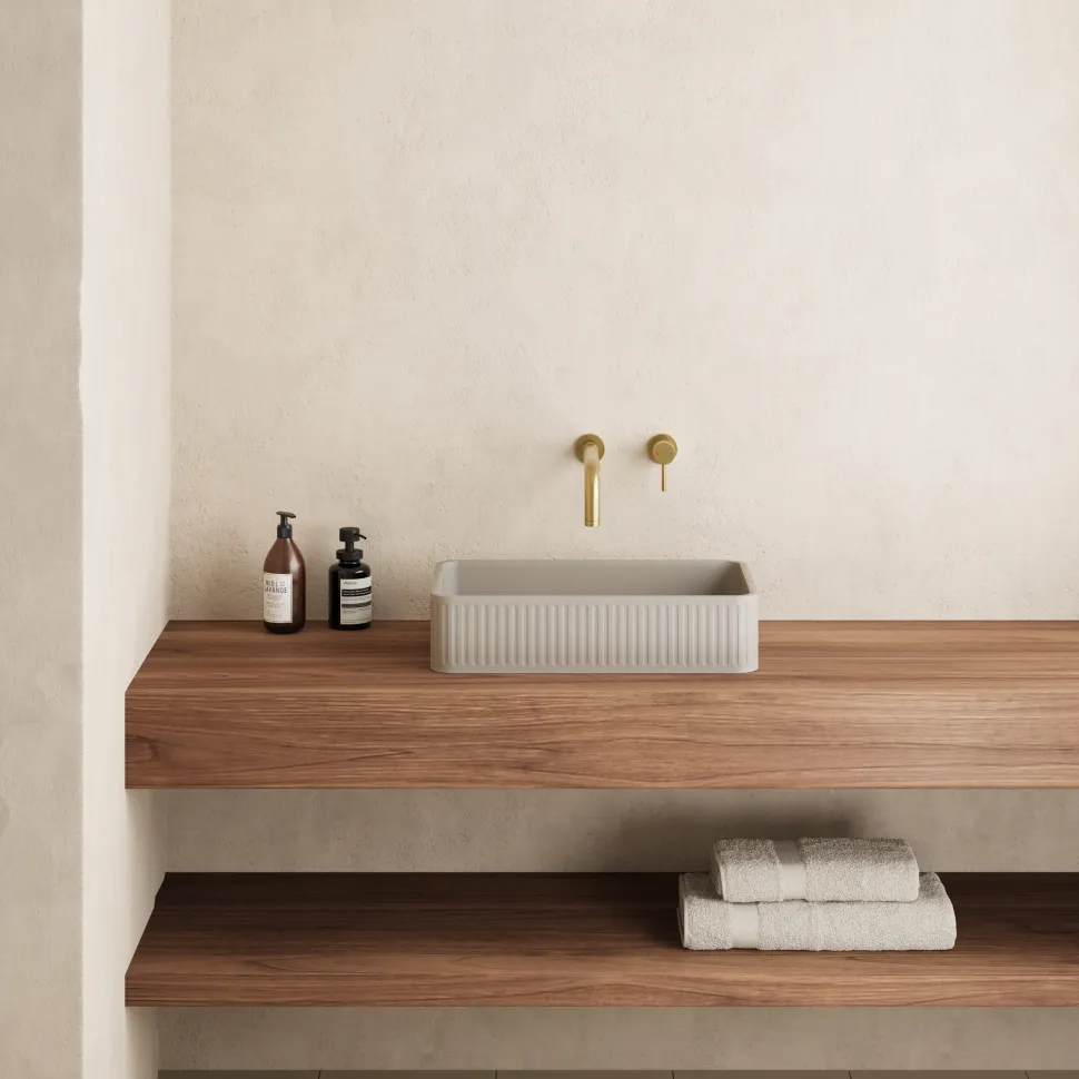 Harbour Concrete 520mm Fluted Rectangular Countertop Basin - Warm Grey
