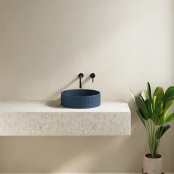 Harbour Concrete 400mm Fluted Round Countertop Bowl - Navy Blue