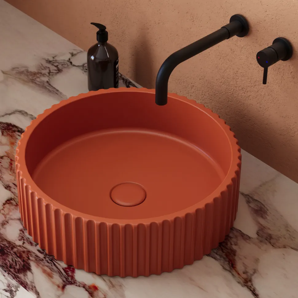 Harbour Concrete 400mm Fluted Round Countertop Bowl - Brick Red