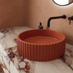 Harbour Concrete 400mm Fluted Round Countertop Bowl - Brick Red