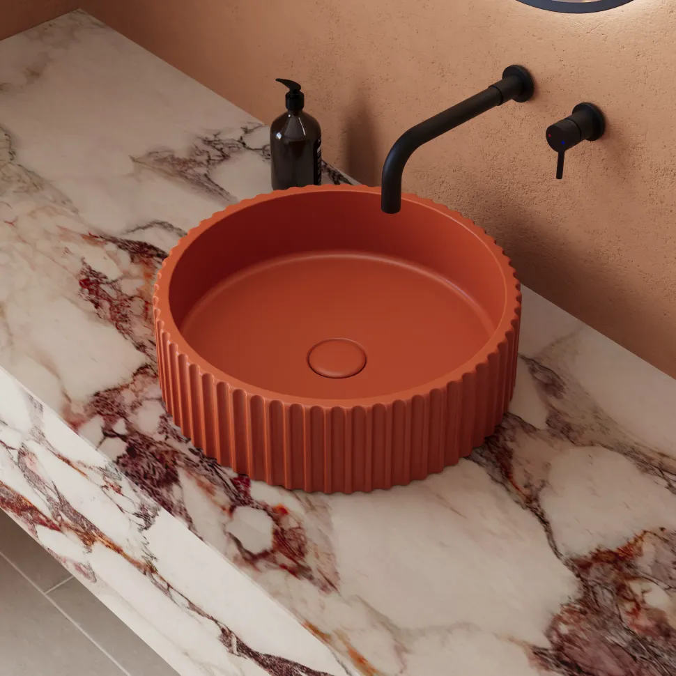 Harbour Concrete 400mm Fluted Round Countertop Bowl - Brick Red