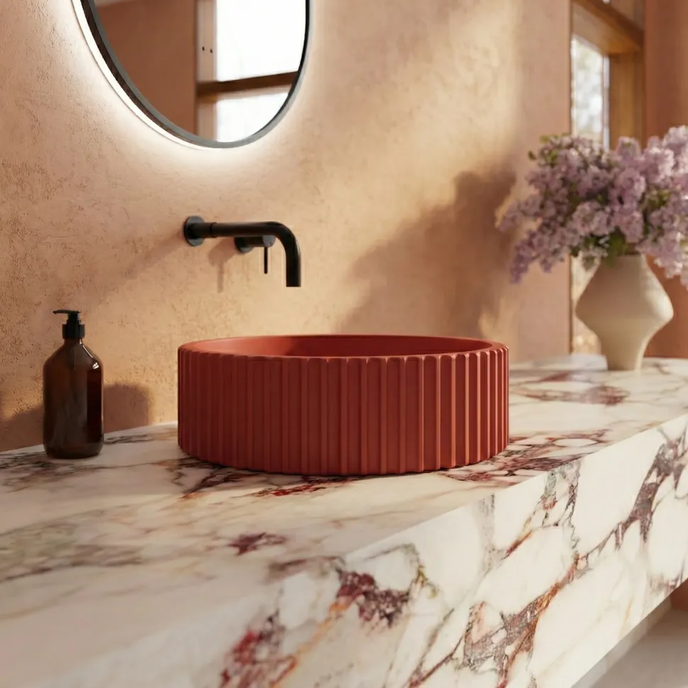Harbour Concrete 400mm Fluted Round Countertop Bowl - Brick Red