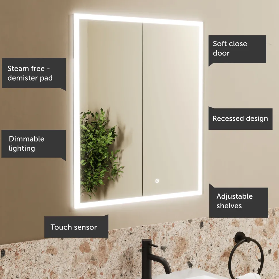 Harbour Glow Recessed Double Door LED Bathroom Mirror Cabinet - 600 x 700mm