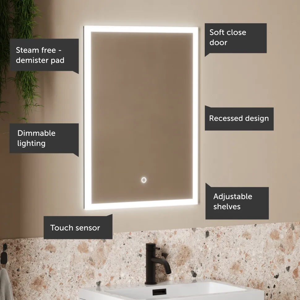 Harbour Glow Recessed Single Door LED Bathroom Mirror Cabinet - 500 x 700mm