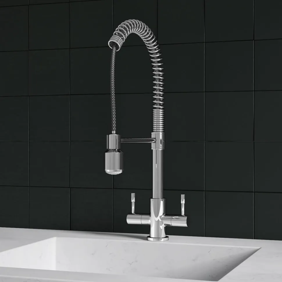 Harbour Groove Twin Lever Mono Kitchen Sink Mixer Tap with Pull Out Hose - Polished Chrome
