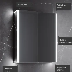 Harbour Icon Double Door LED Bathroom Mirror Cabinet with Demister Pad & Shaver Socket - 600 x 700mm
