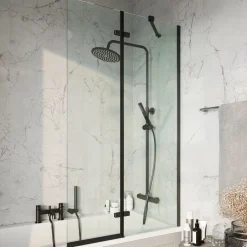 Harbour i6 Easy Clean Matt Black Hinged Bath Screen with Fixed Inline Panel - 1500 x 875mm