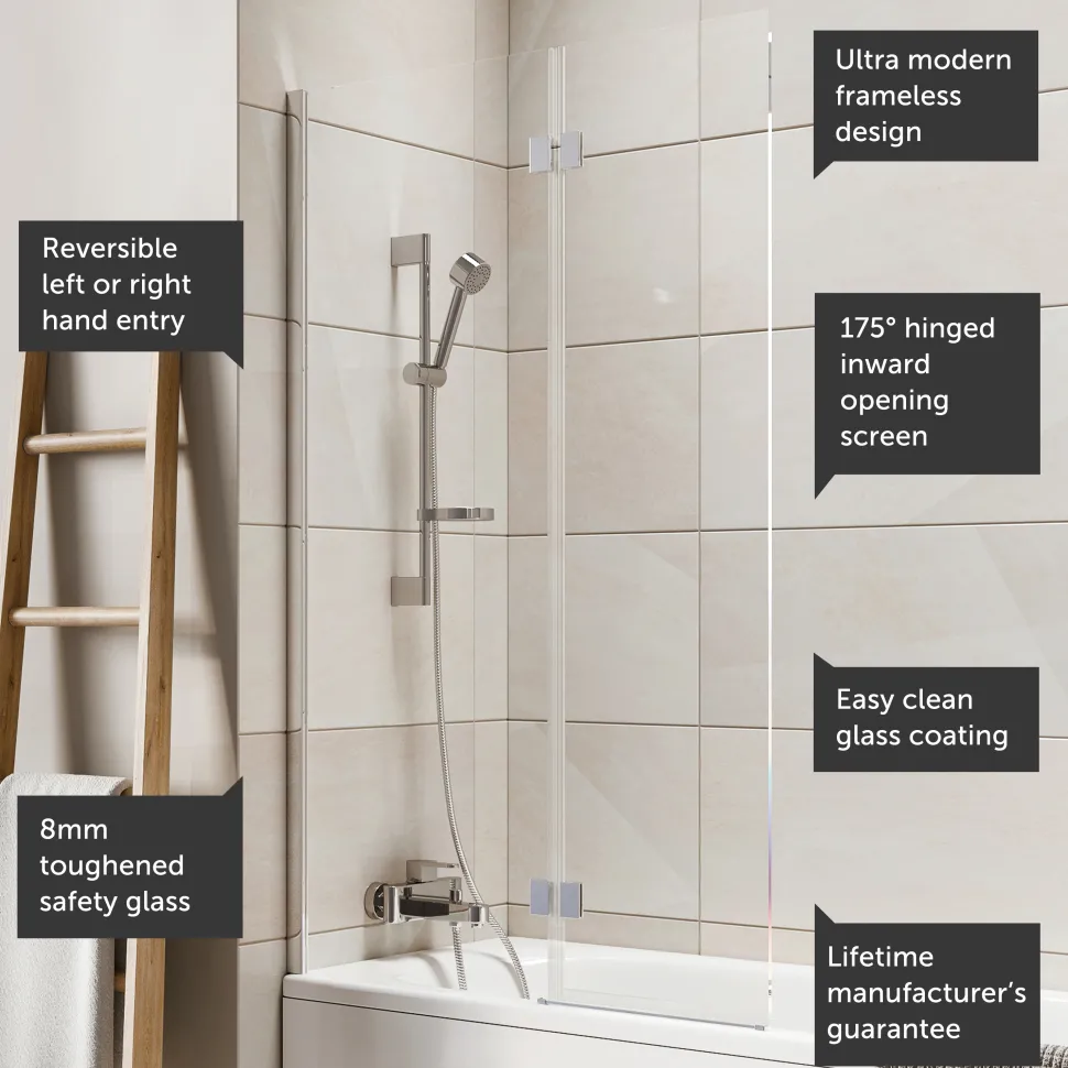 Harbour i8 Easy Clean 8mm Inward Hinged Bath Screen with Fixed Inline Panel - 1500 x 900mm