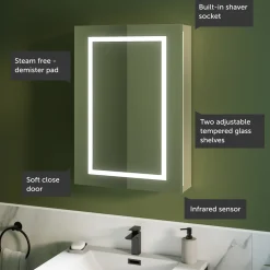 Harbour Outline Single Door LED Mirrored Cabinet with Demister Pad & Shaver Socket - 500 x 700mm
