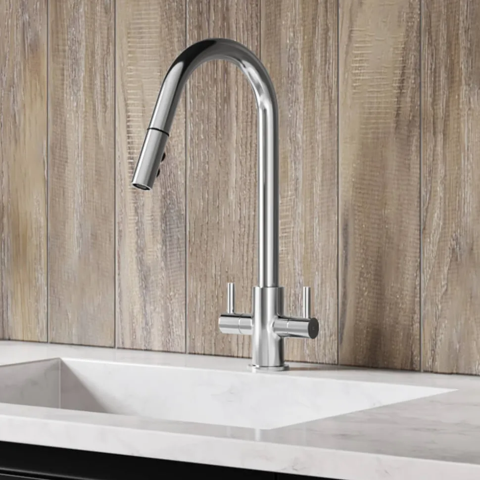 Harbour Pro Twin Lever Mono Pull Out Spray Kitchen Mixer Tap - Polished Chrome