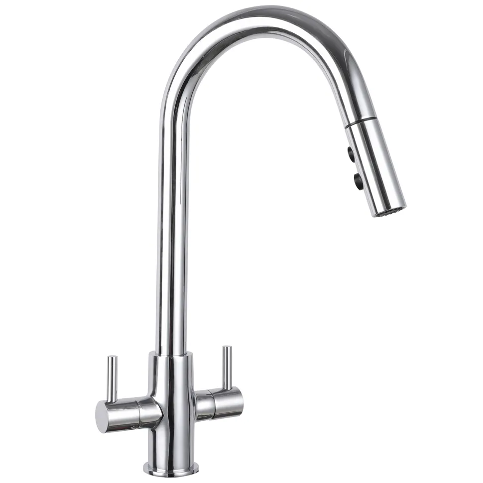 Harbour Pro Twin Lever Mono Pull Out Spray Kitchen Mixer Tap - Polished Chrome