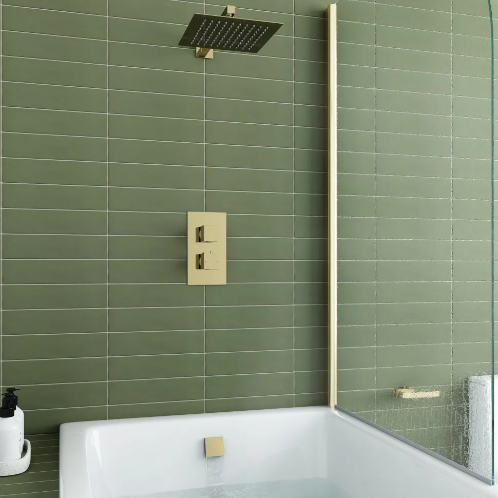 Harbour Status Brushed Brass Shower Package with 2 Outlet Valve, Fixed Head & Arm and Overflow Bath Filler