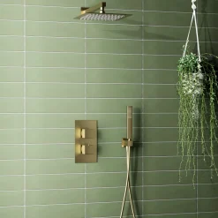 Harbour Status Brushed Brass Shower Package with 2 Outlet Valve, Fixed Head & Arm and Wall Shower Kit