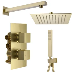 Harbour Status Brushed Brass Shower Package with 2 Outlet Valve, Fixed Head & Arm and Wall Shower Kit