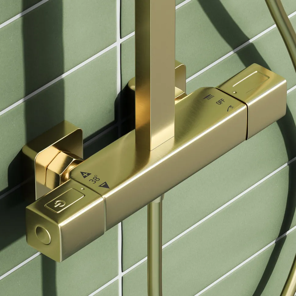 Harbour Status Brushed Brass Square Thermostatic Rigid Riser Shower Kit