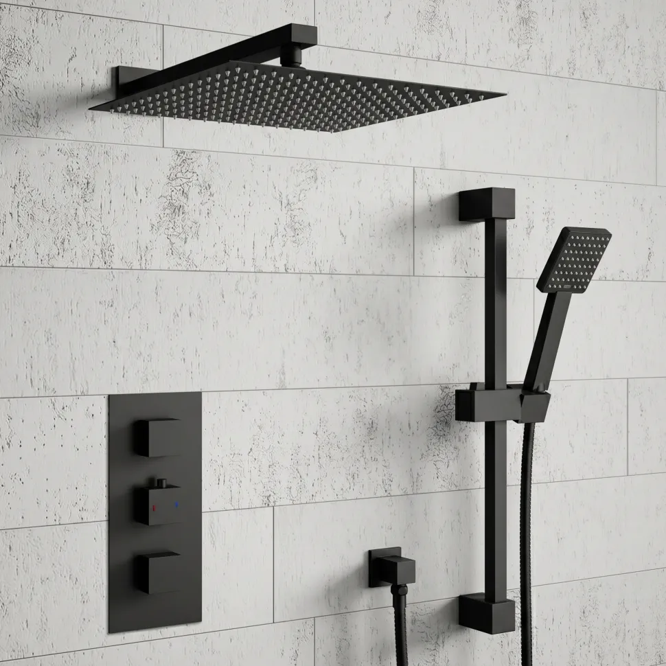 Harbour Status Concealed Shower Valve, Fixed Wall Mounted Head & Slide Rail Kit - Matt Black