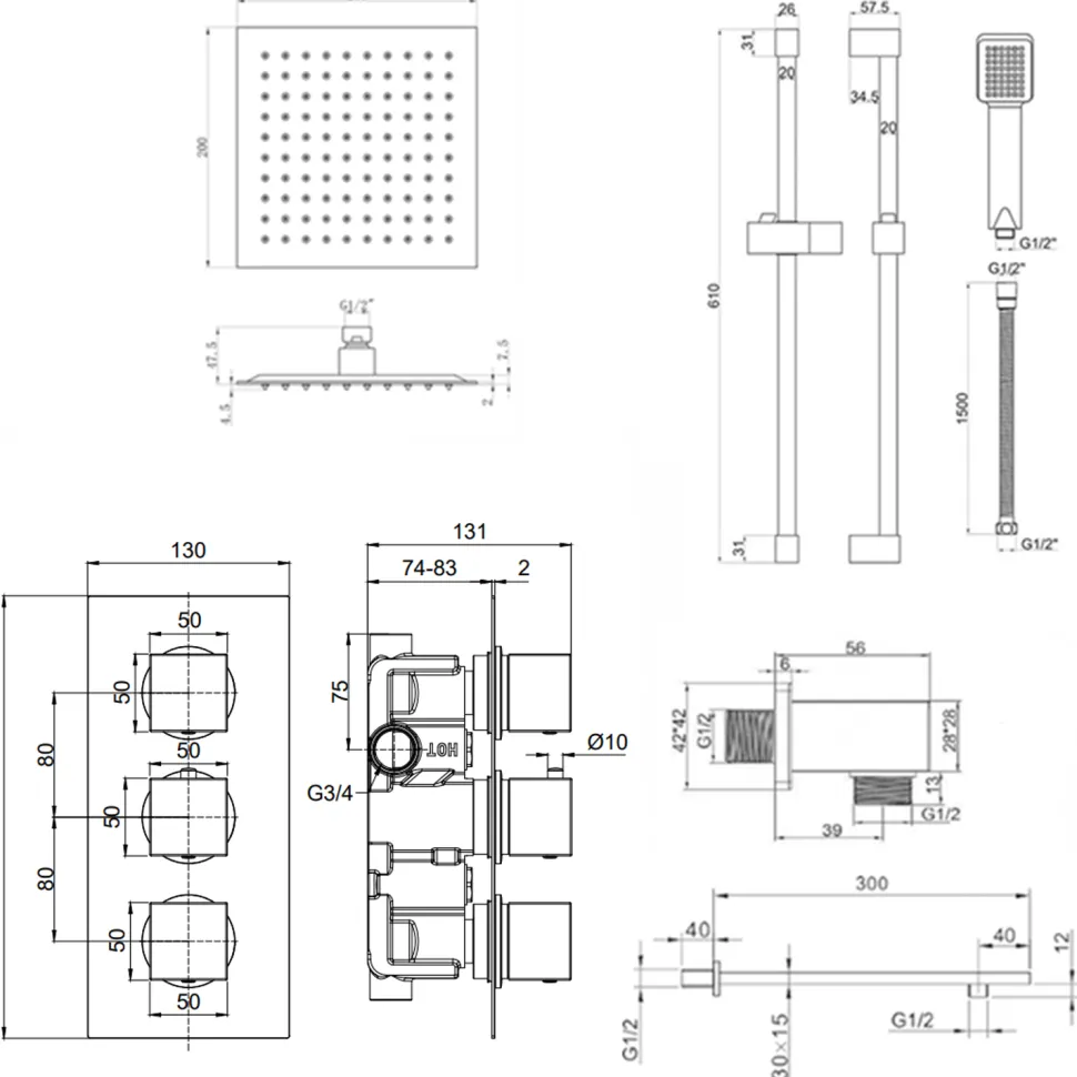 Harbour Status Concealed Shower Valve, Fixed Wall Mounted Head & Slide Rail Kit - Matt Black
