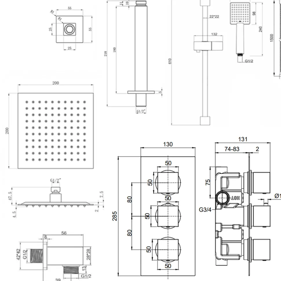 Harbour Status Concealed Shower Valve, Fixed Ceiling Mounted Head & Slide Rail Kit - Matt Black