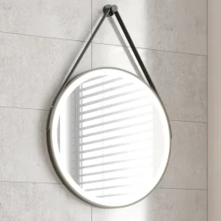 Harbour Status LED Illuminated Black Frame Round Mirror with Demister Pad, Colour Change LEDs & Strap - 600mm