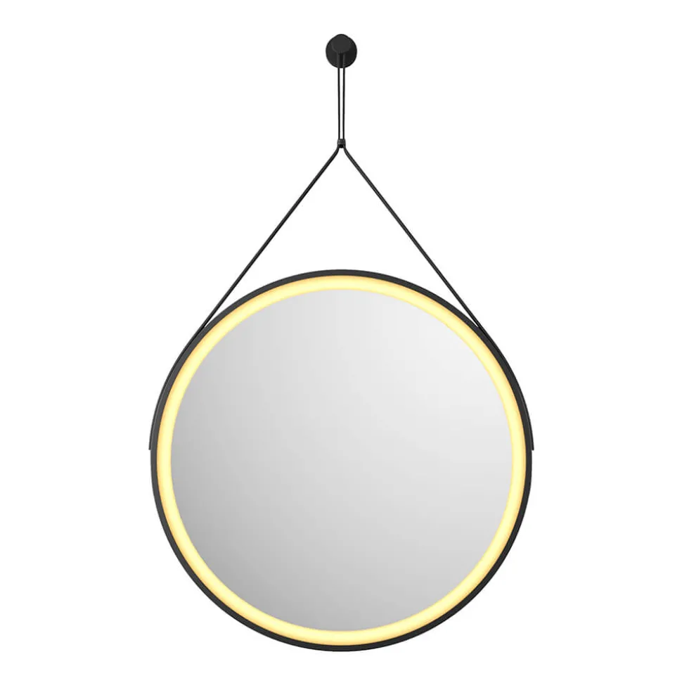 Harbour Status LED Illuminated Black Frame Round Mirror with Demister Pad, Colour Change LEDs & Strap - 600mm