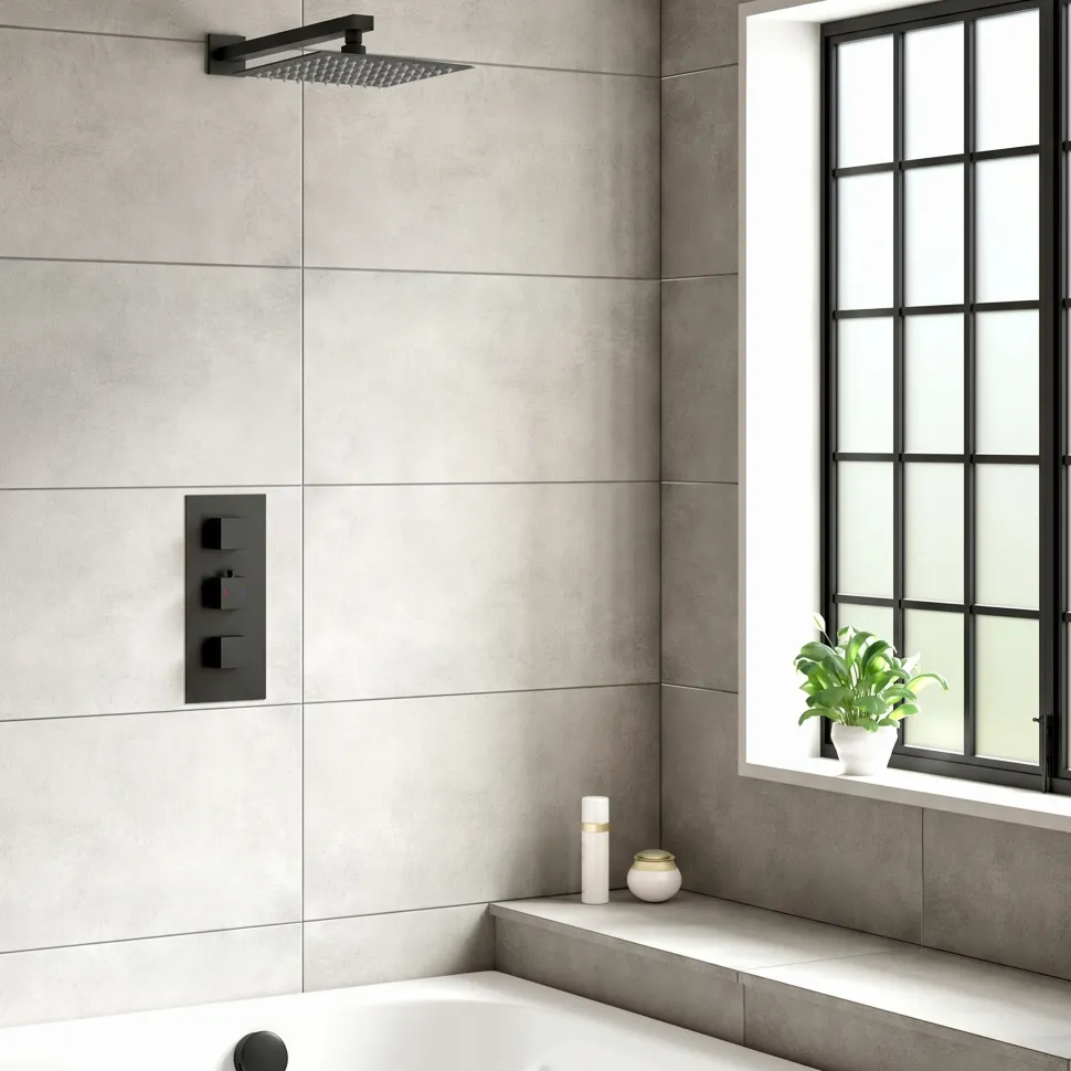 Harbour Status Matt Black Concealed Shower Valve, Fixed Wall Mounted Head & Overflow Bath Filler