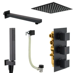 Harbour Status Matt Black Shower Package with 3 Outlet Valve, Fixed Head & Arm, Wall Shower Kit & Overflow Bath Filler