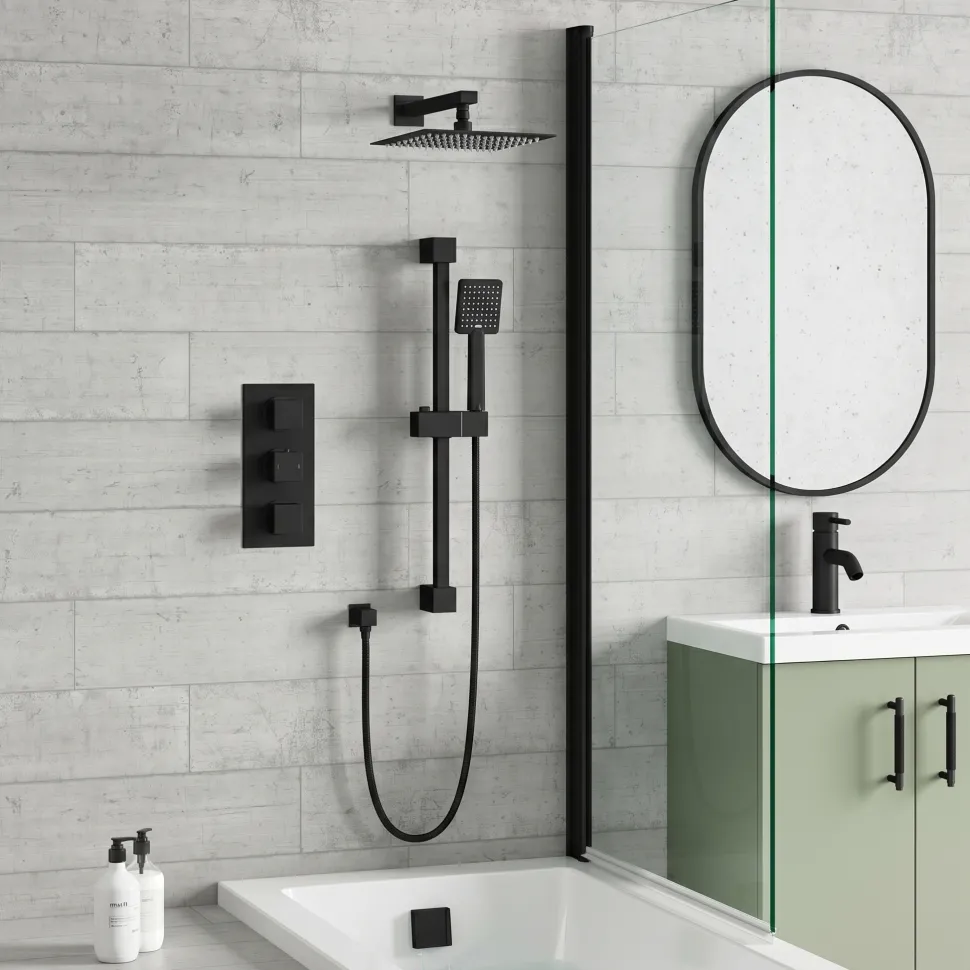 Harbour Status Matt Black Shower Package with 3 Outlet Valve, Fixed Head & Arm, Shower Rail Kit & Overflow Bath Filler