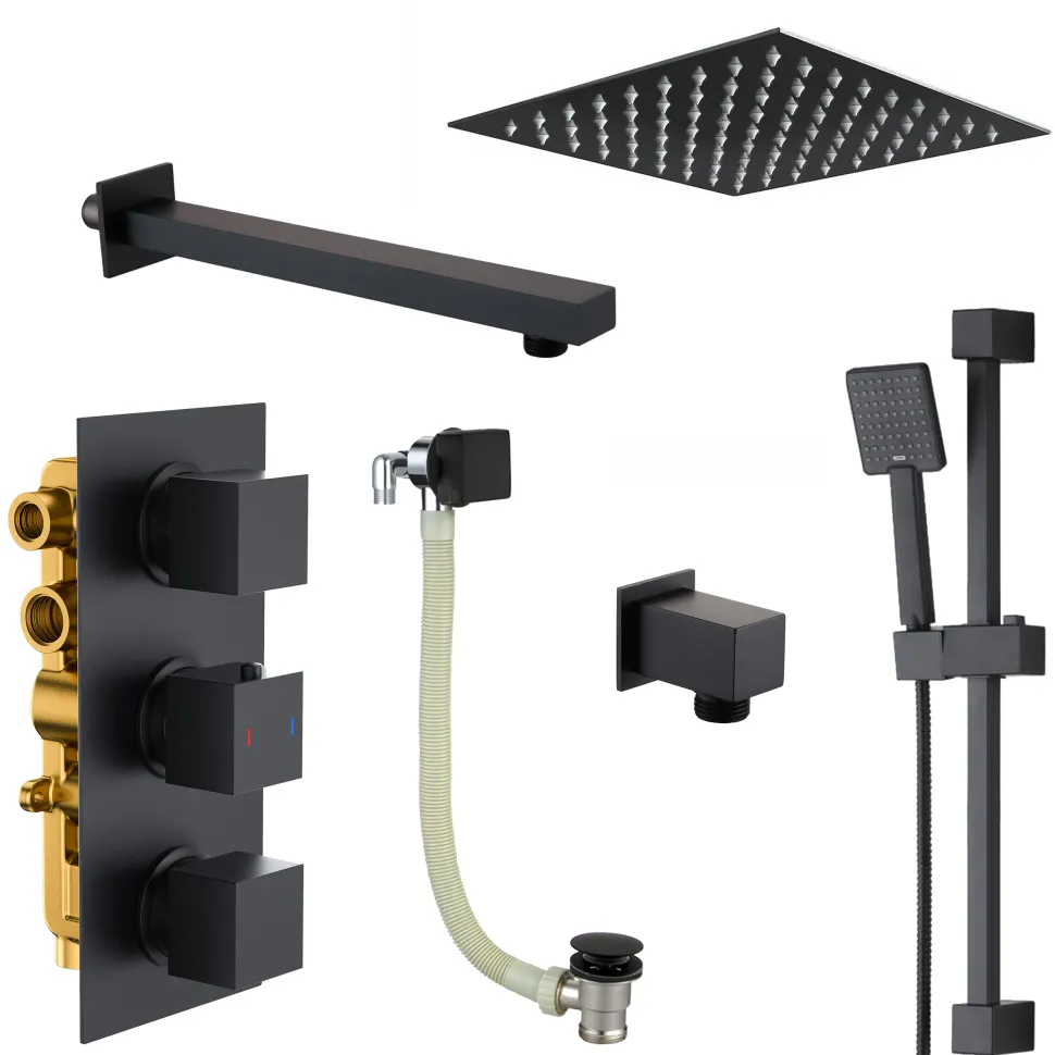 Harbour Status Matt Black Shower Package with 3 Outlet Valve, Fixed Head & Arm, Shower Rail Kit & Overflow Bath Filler